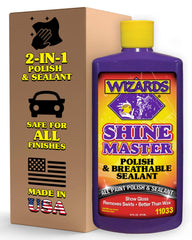 Wizards Shine Master Polish and Sealant bottle close-up shows wax-free protection for surfaces.