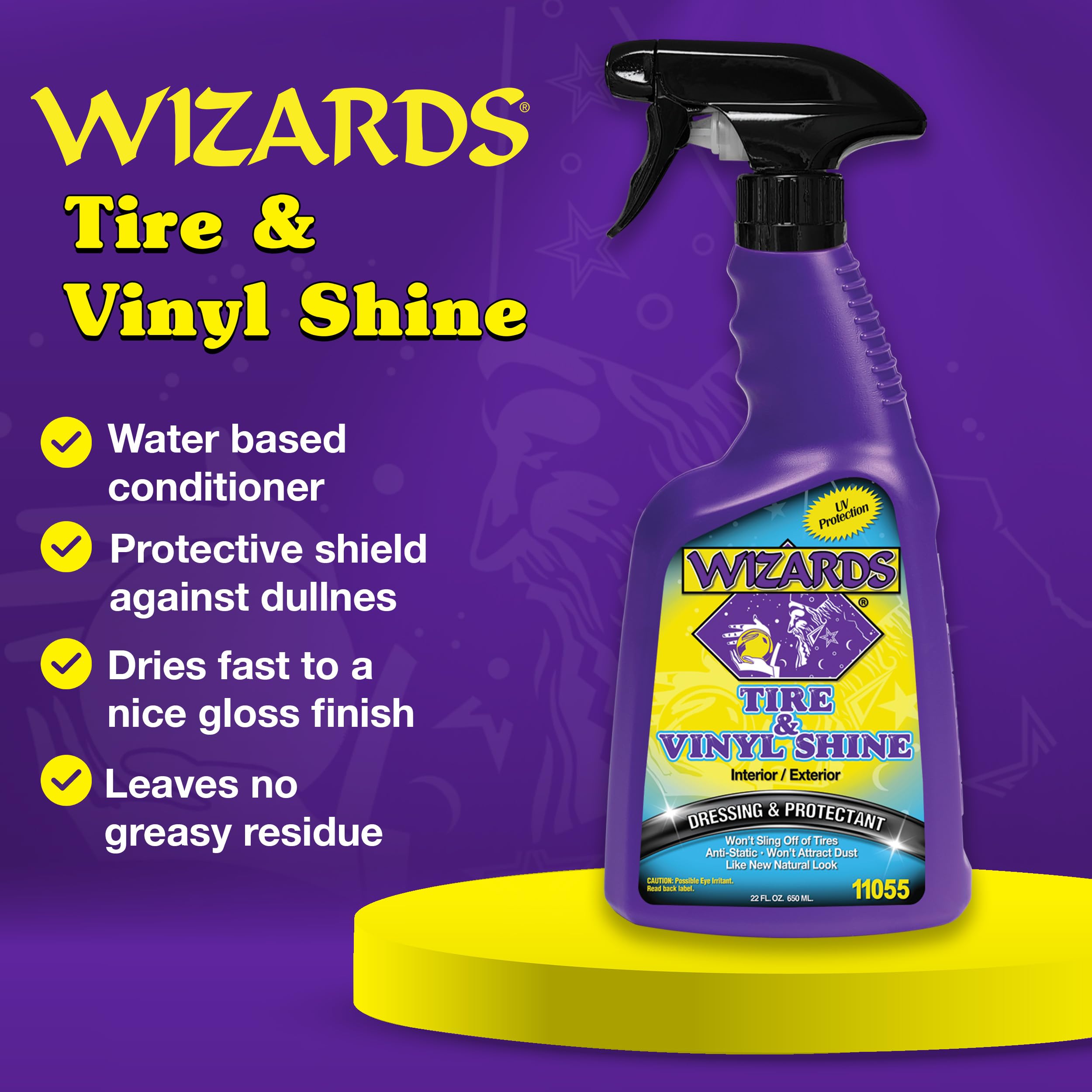 Wizards Tire and Wheel Vinyl Shine spray on tire showing even coverage.