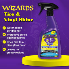 Wizards Tire and Wheel Vinyl Shine spray on tire showing even coverage.