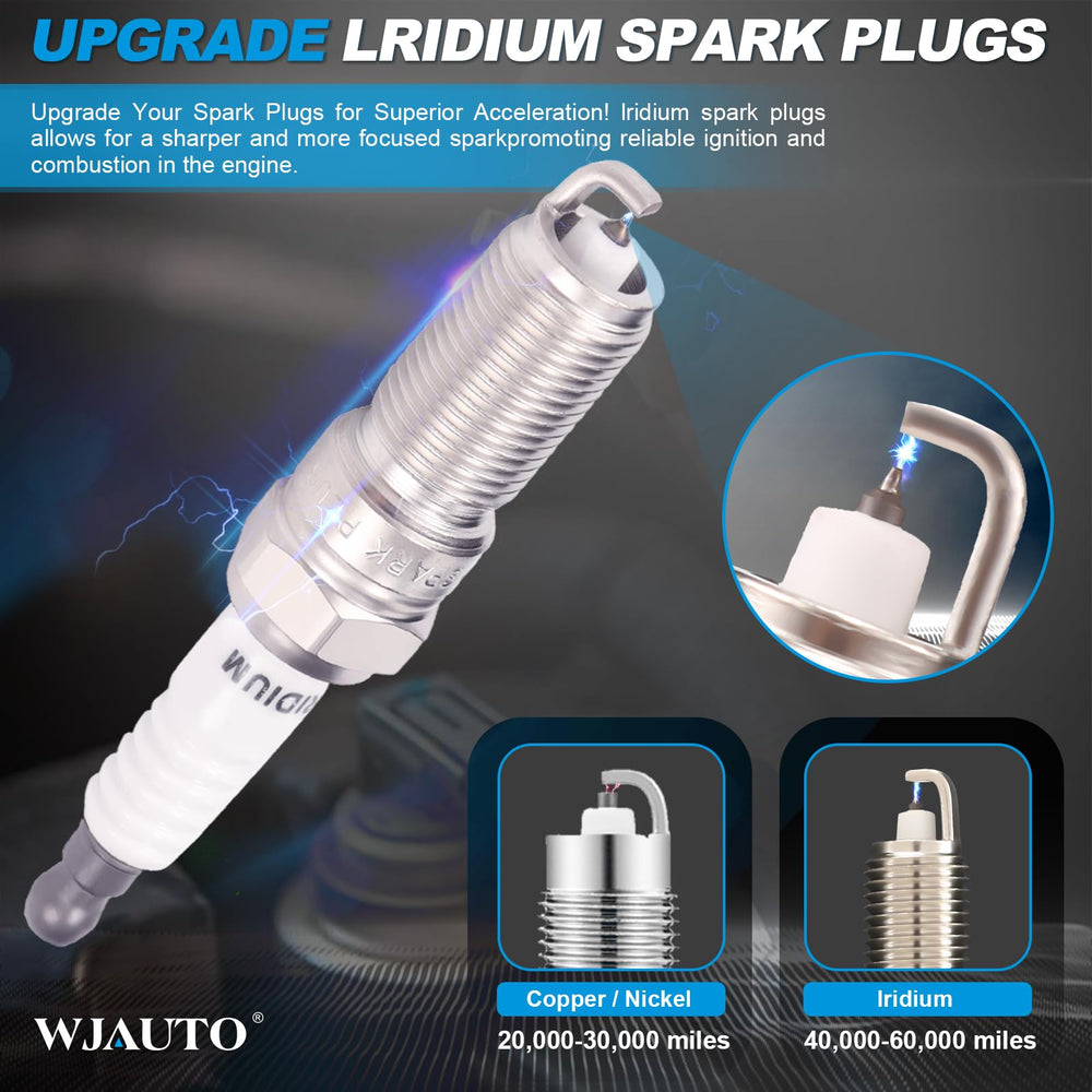 WJAuto spark plugs 4-pack packaging shows OEM replacement readiness.