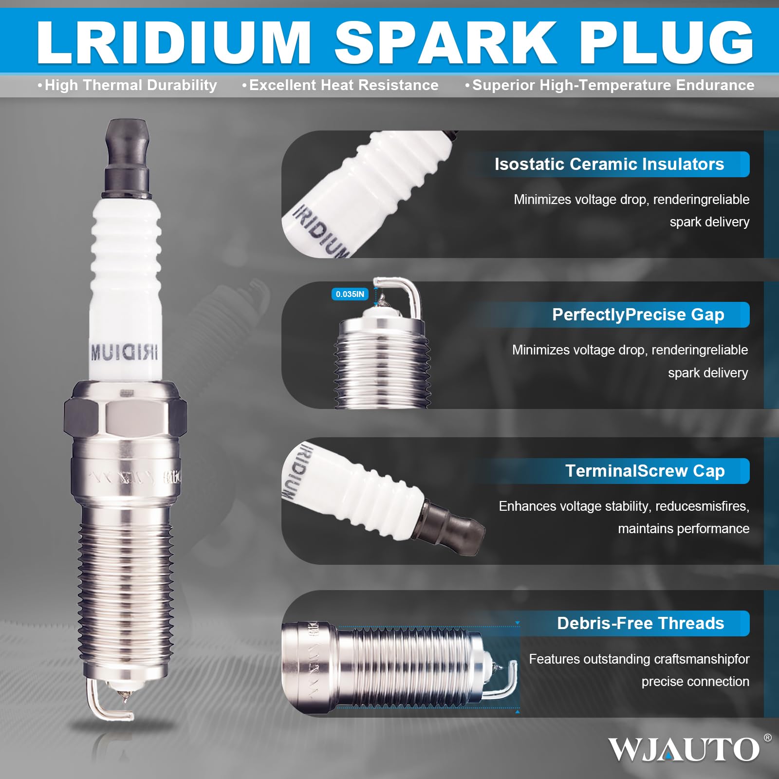 WJAuto iridium plugs pre-gapped for easy install and reliable fit.