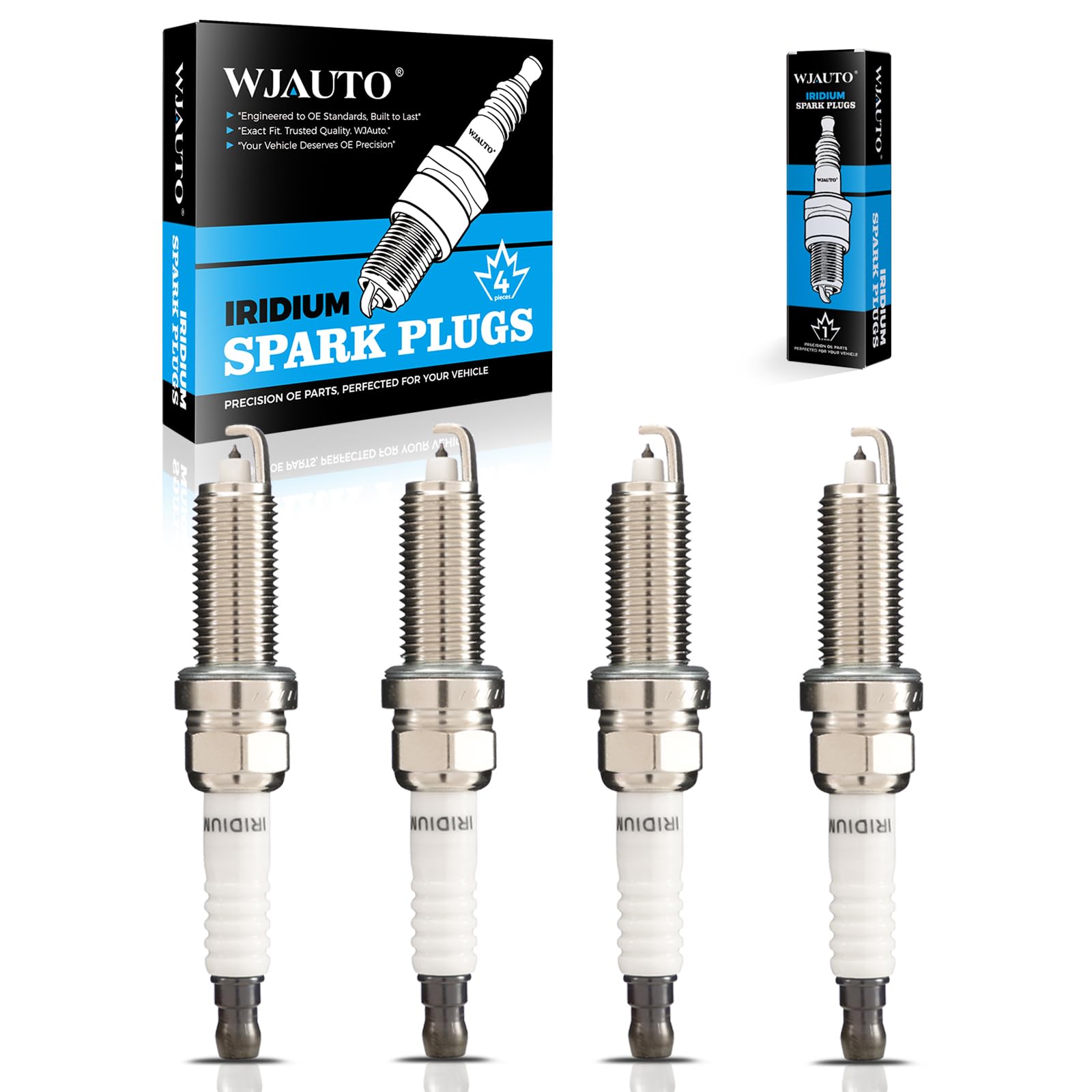 WJAUTO iridium 4-pack spark plugs ready for installation.