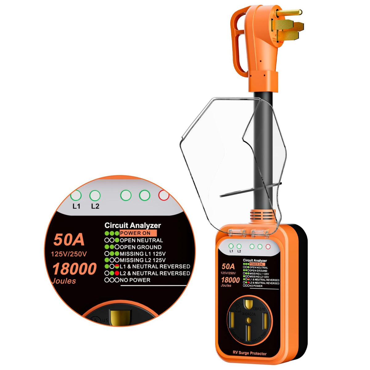 WLLNEE 50A RV surge protector front view with bright orange casing for easy campsite checks