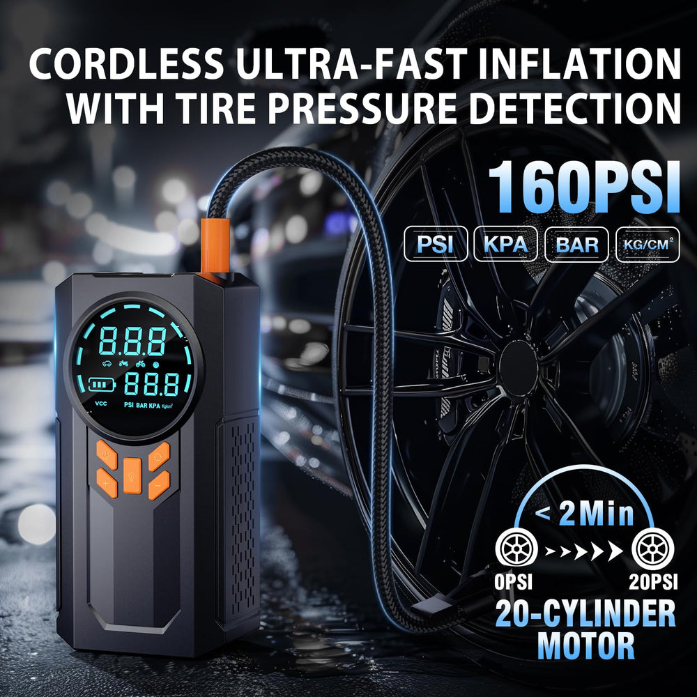 WNDFLV jump starter LCD display showing peak current and safety features.