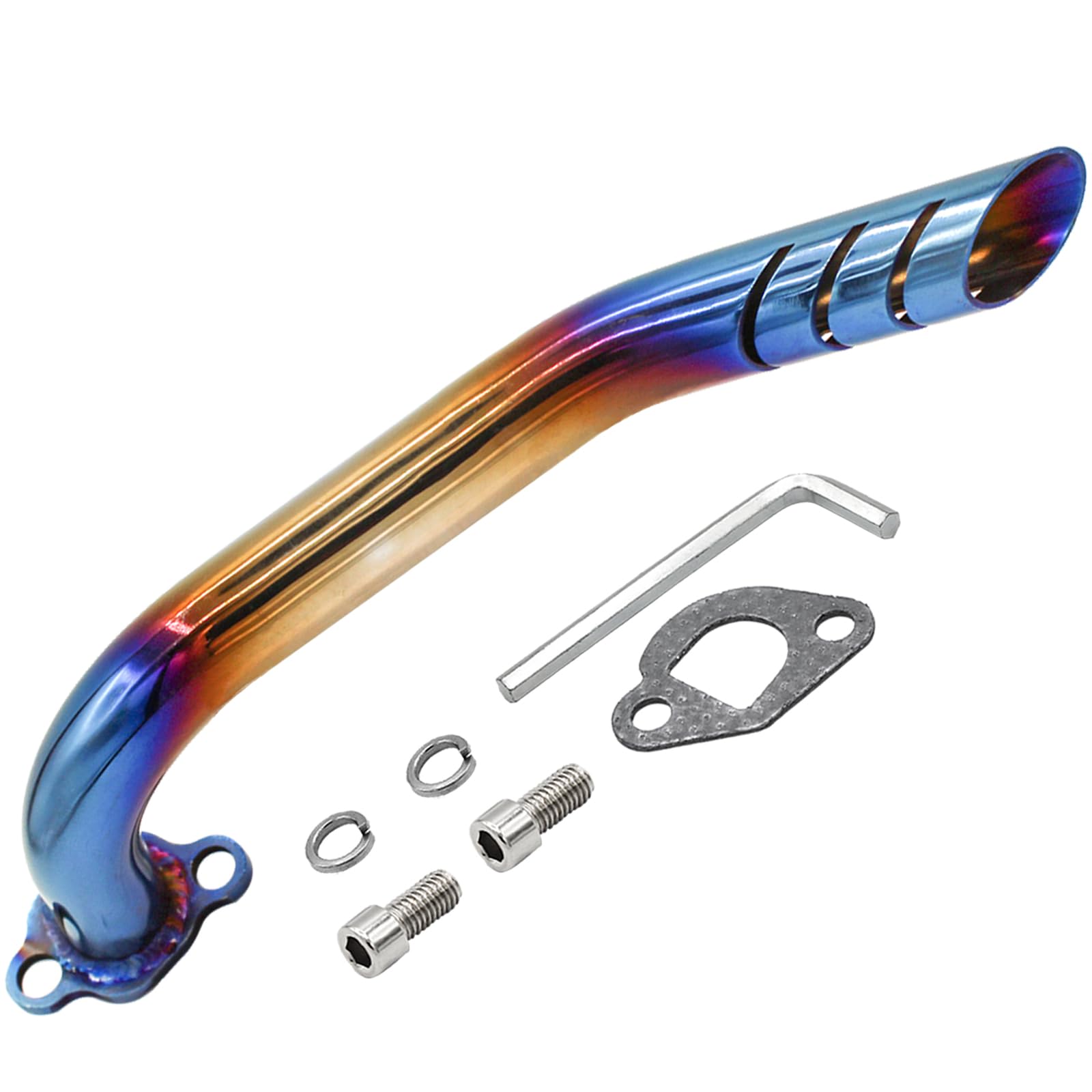 WNOOENG assembled exhaust system on a mini bike highlighting easy bolt-on fit