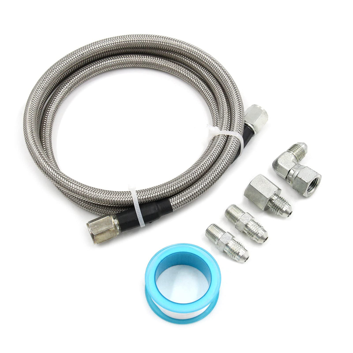 WnSEu steel braided turbo oil feed line 4AN 36-inch displaying rugged exterior and fittings.