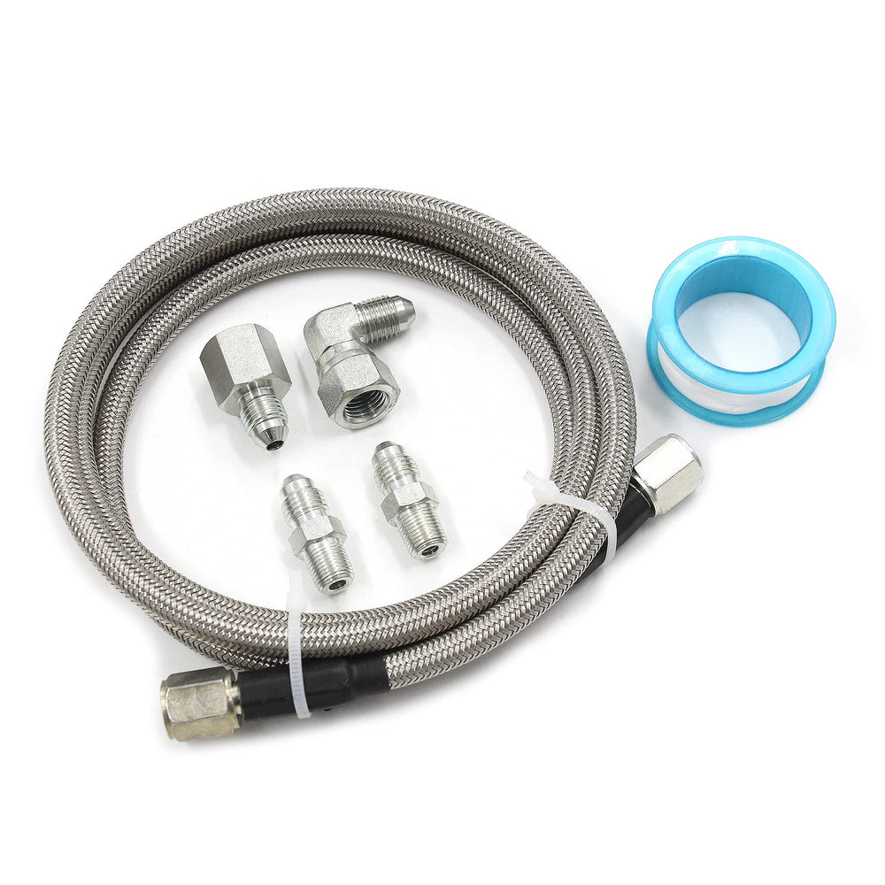 WnSEu steel braided turbo oil feed line, 4AN, 48 inch for flexible routing.