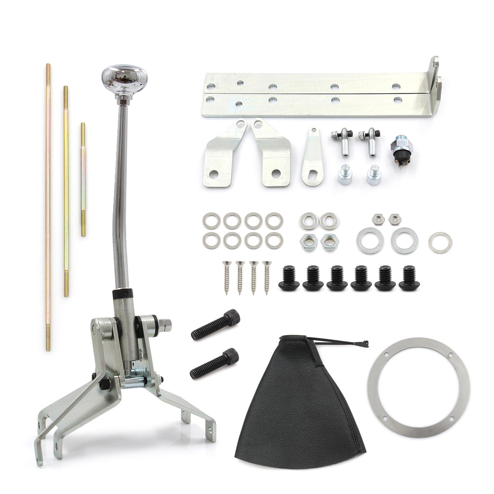 WnSEu TH350 shifter with a 12-inch chrome arm for GM Turbo 350 compatibility.