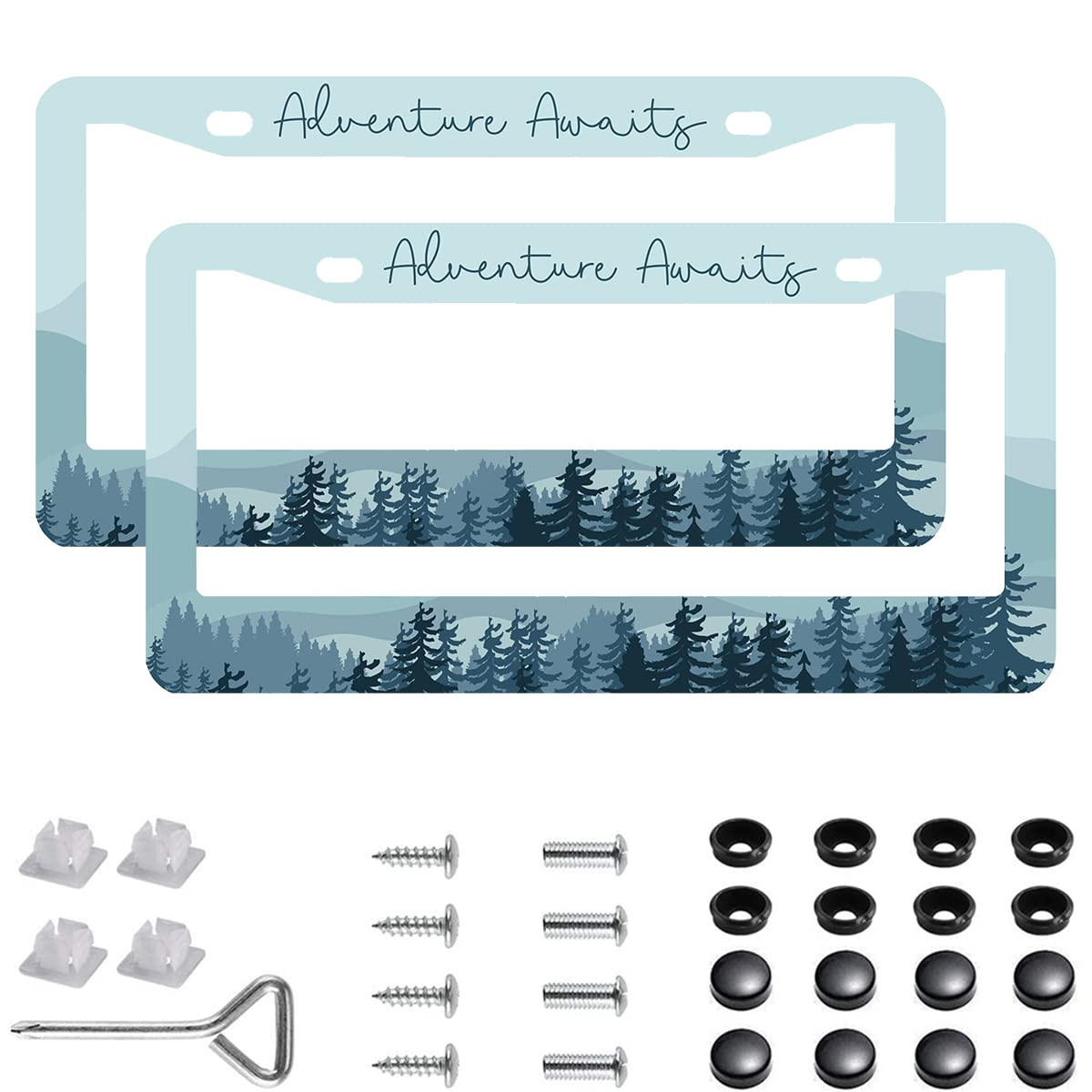 Woadoudou Adventure Awaits license plate frame front view with durable stainless steel finish