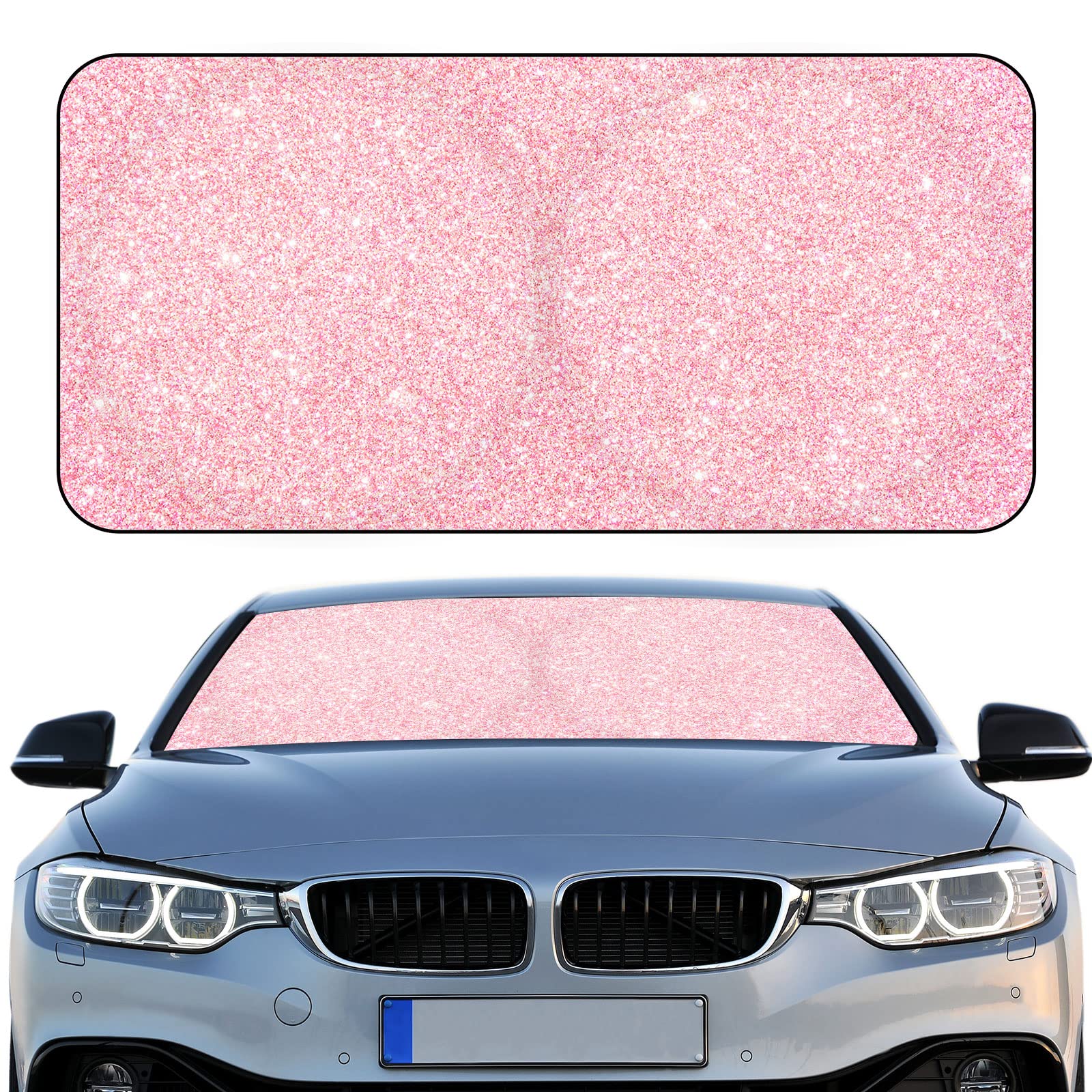 Woanger windshield sunshade with pink sequins blocks heat and UV for front window