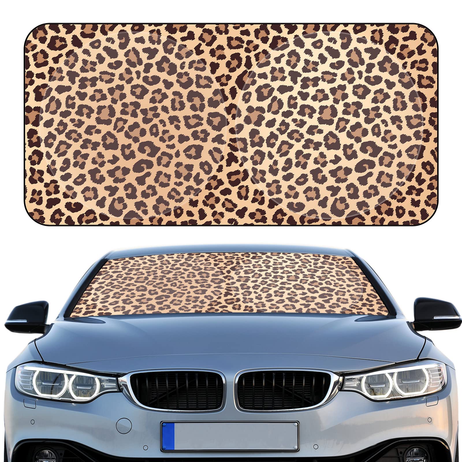 Woanger leopard windshield sunshade unfolded shields interior from heat and UV rays