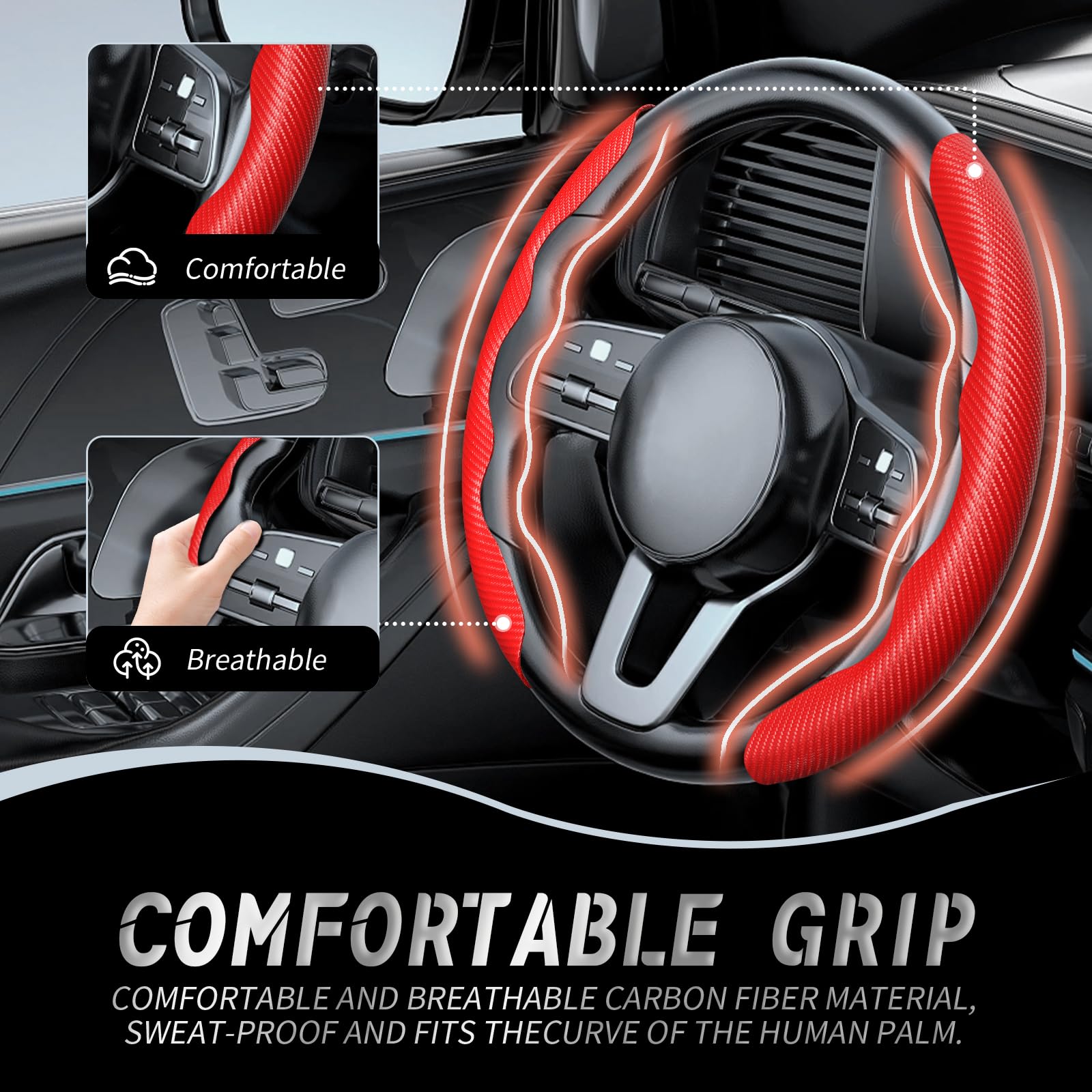 WOCOCN carbon fiber steering wheel cover in red adds interior style and protection.