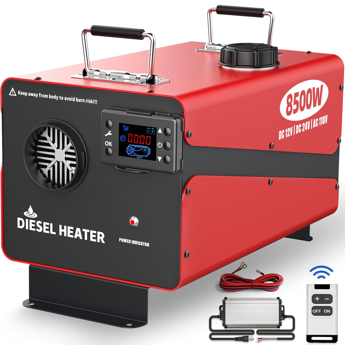 Wodli 8500W diesel heater front view shows compact all-in-one warmth for on-the-road comfort.