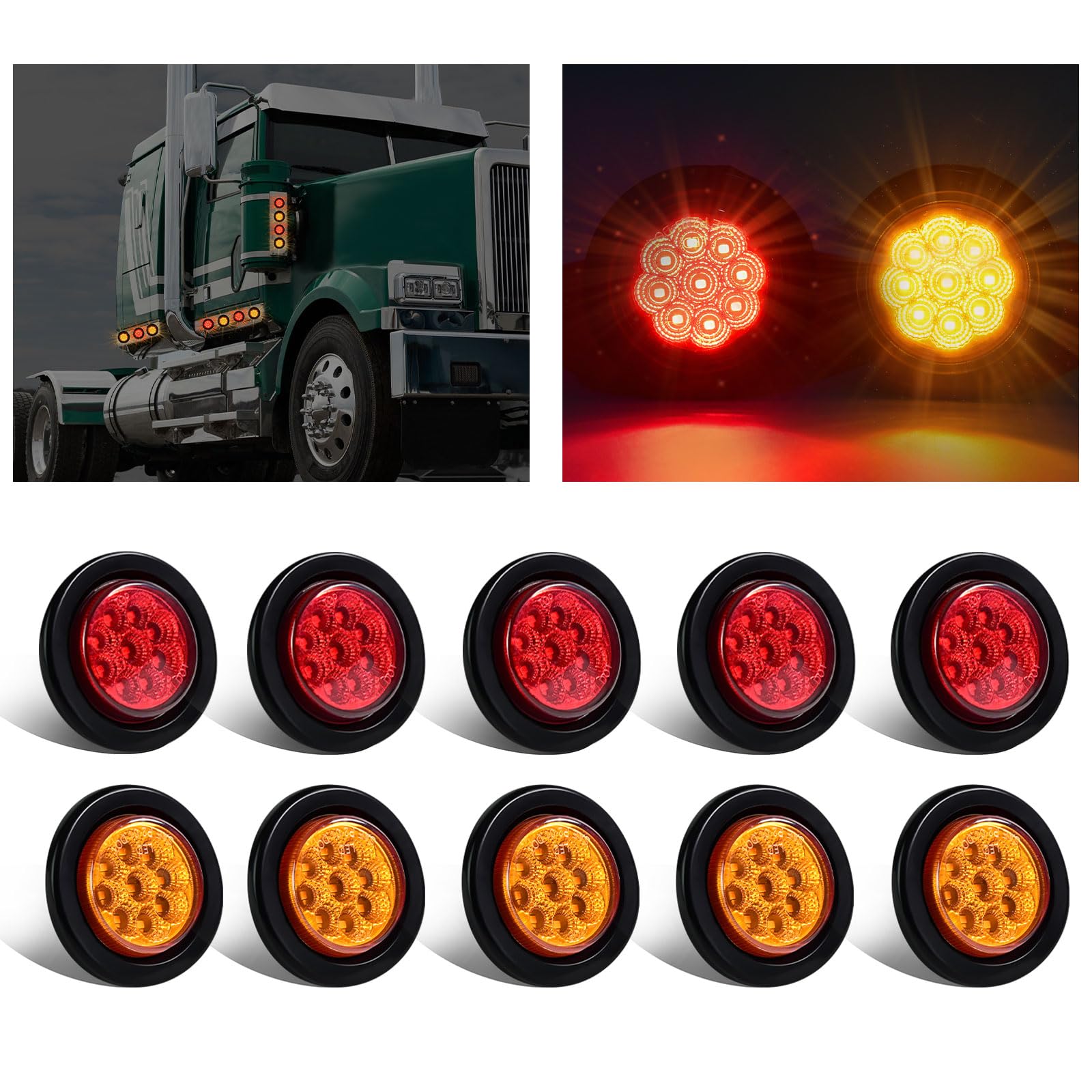 Wodvyss amber 9-led round marker light close-up for enhanced visibility on trailers