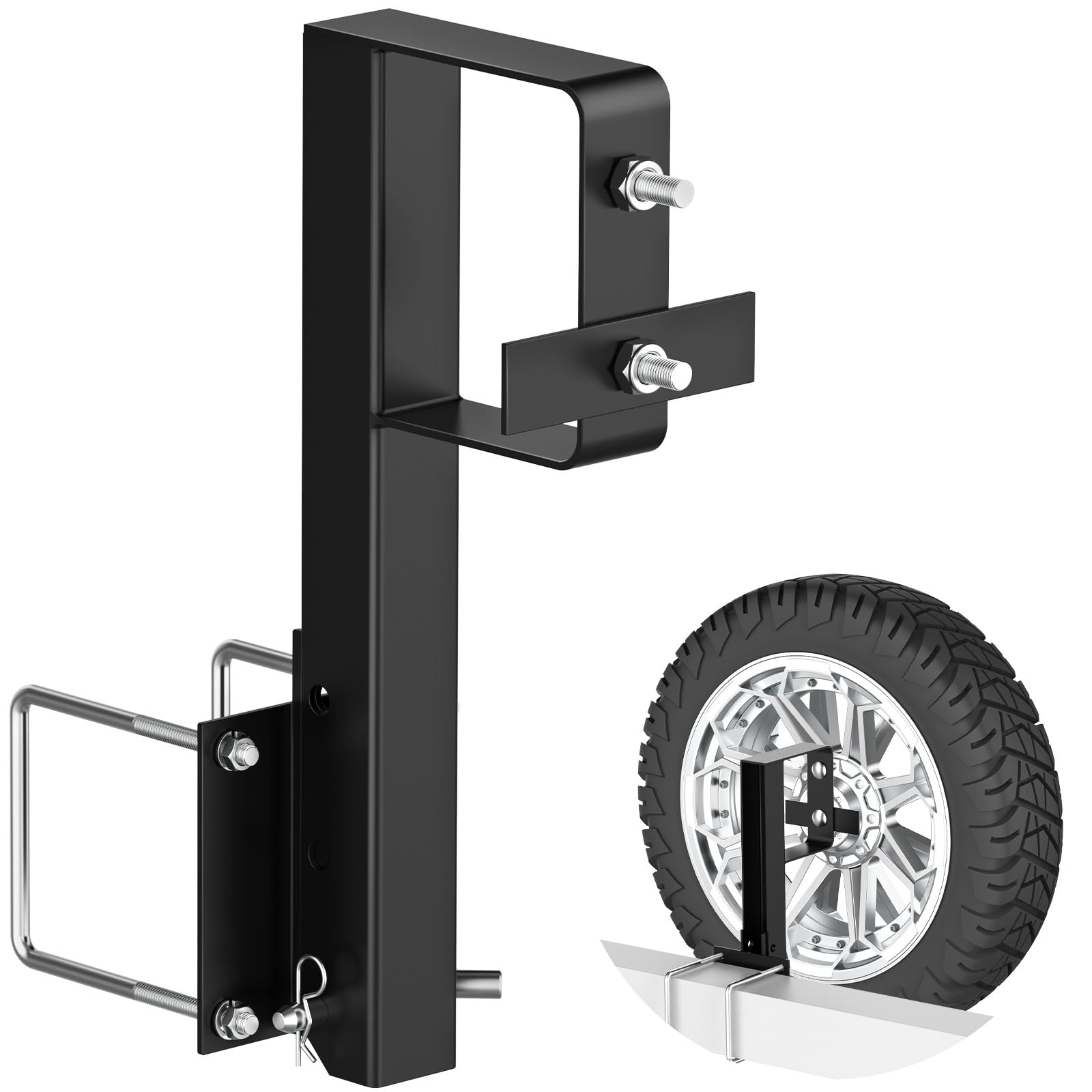 WOIRON heavy-duty folding spare tire bracket mounted on a trailer bumper for secure travel.