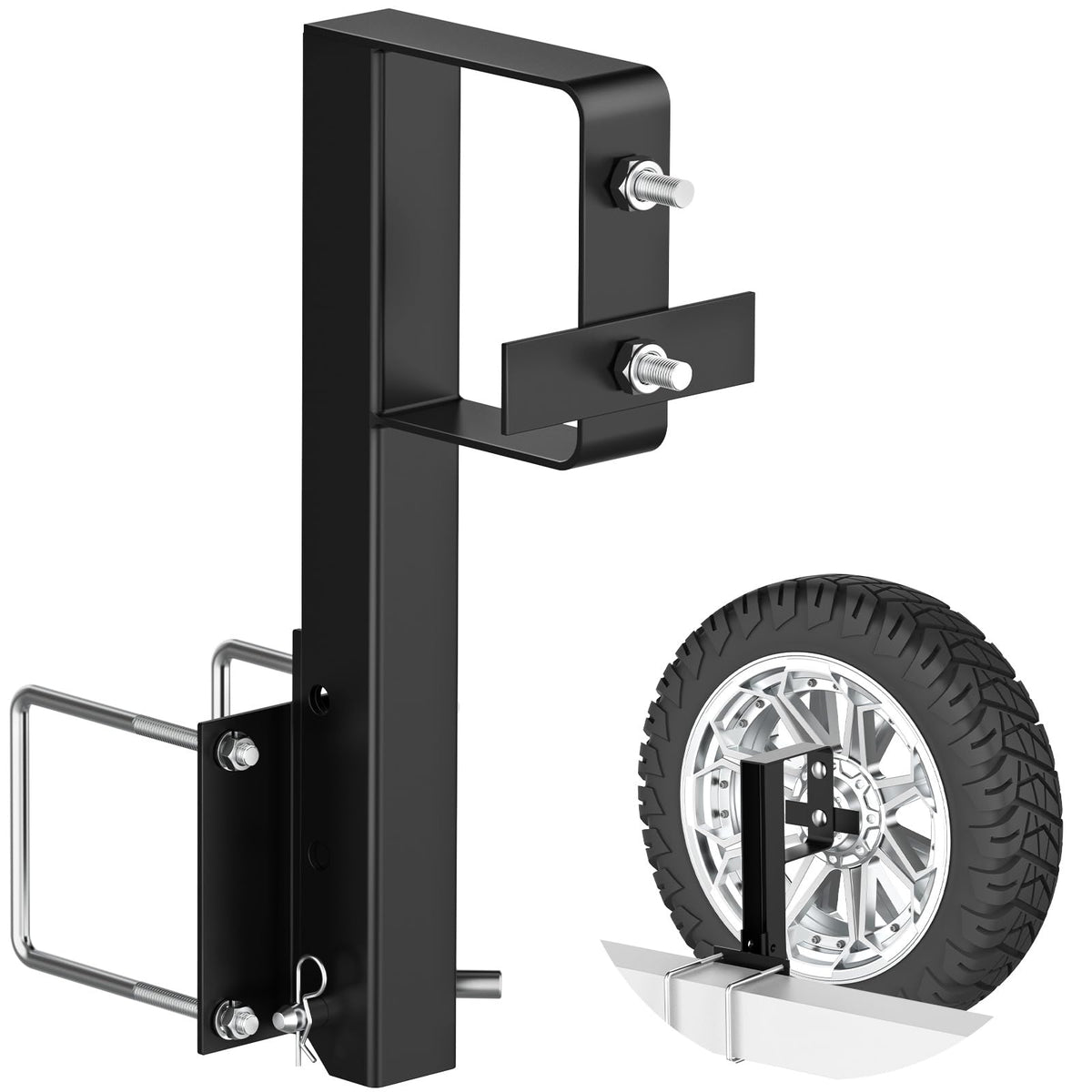 WOIRON heavy-duty folding spare tire bracket mounted on a trailer bumper for secure travel.