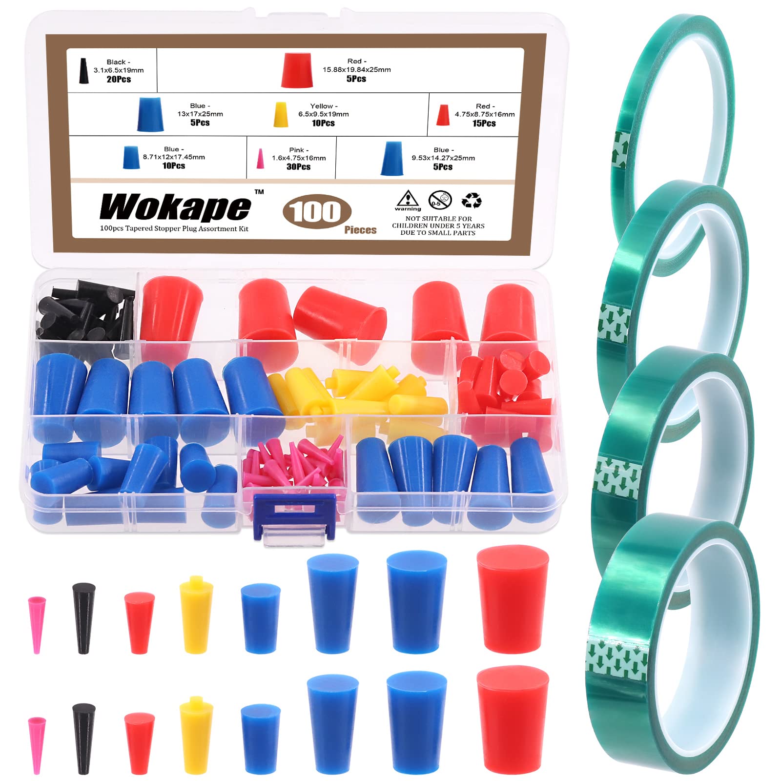 Wokape 105Pcs kit overview with plugs and tapes for masking