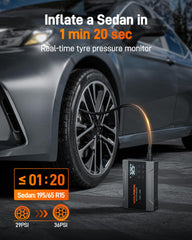 WOLFBOX 2000A air compressor inflates tires with real-time pressure readouts