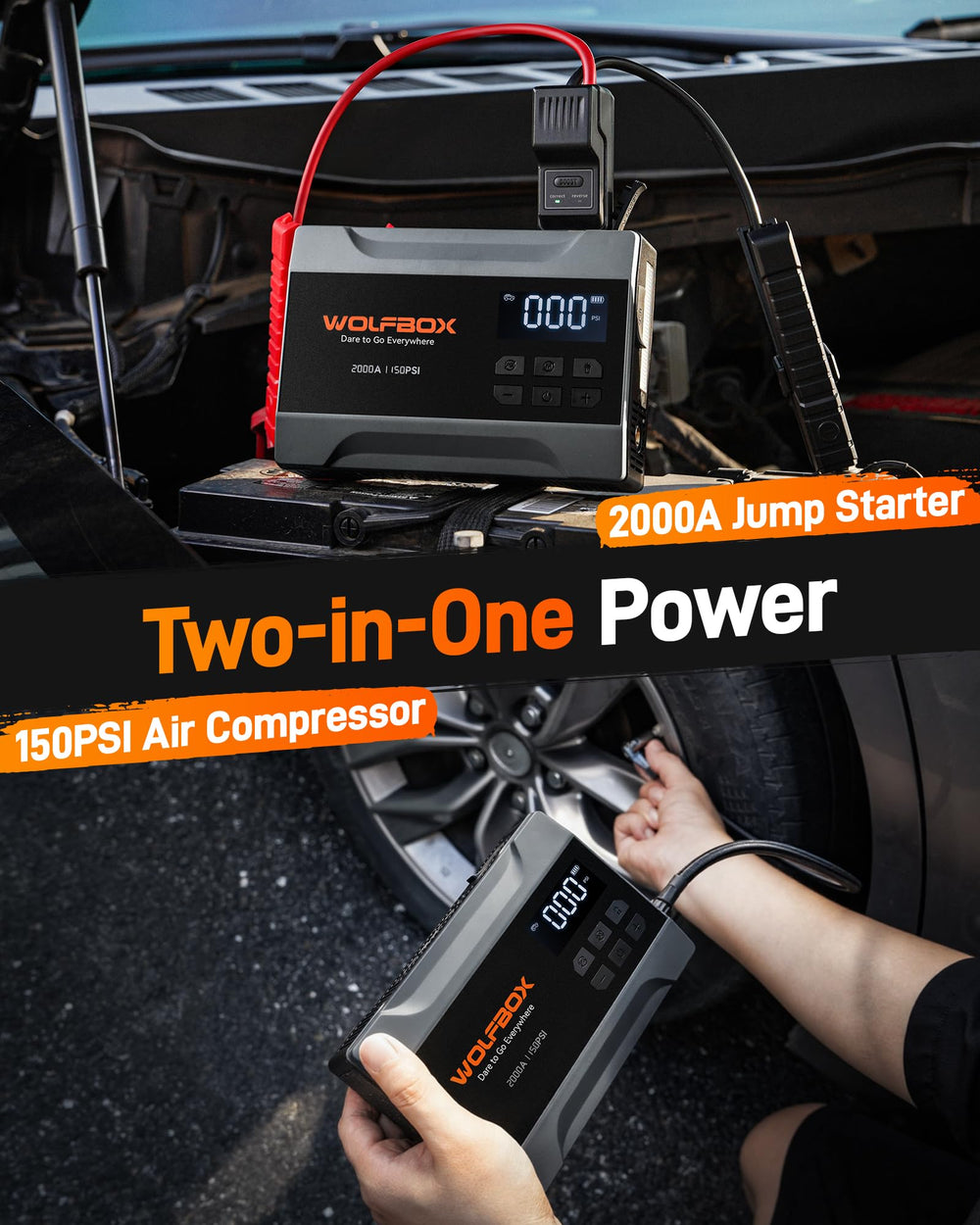 WOLFBOX 2000A jump starter with digital display shows quick status checks