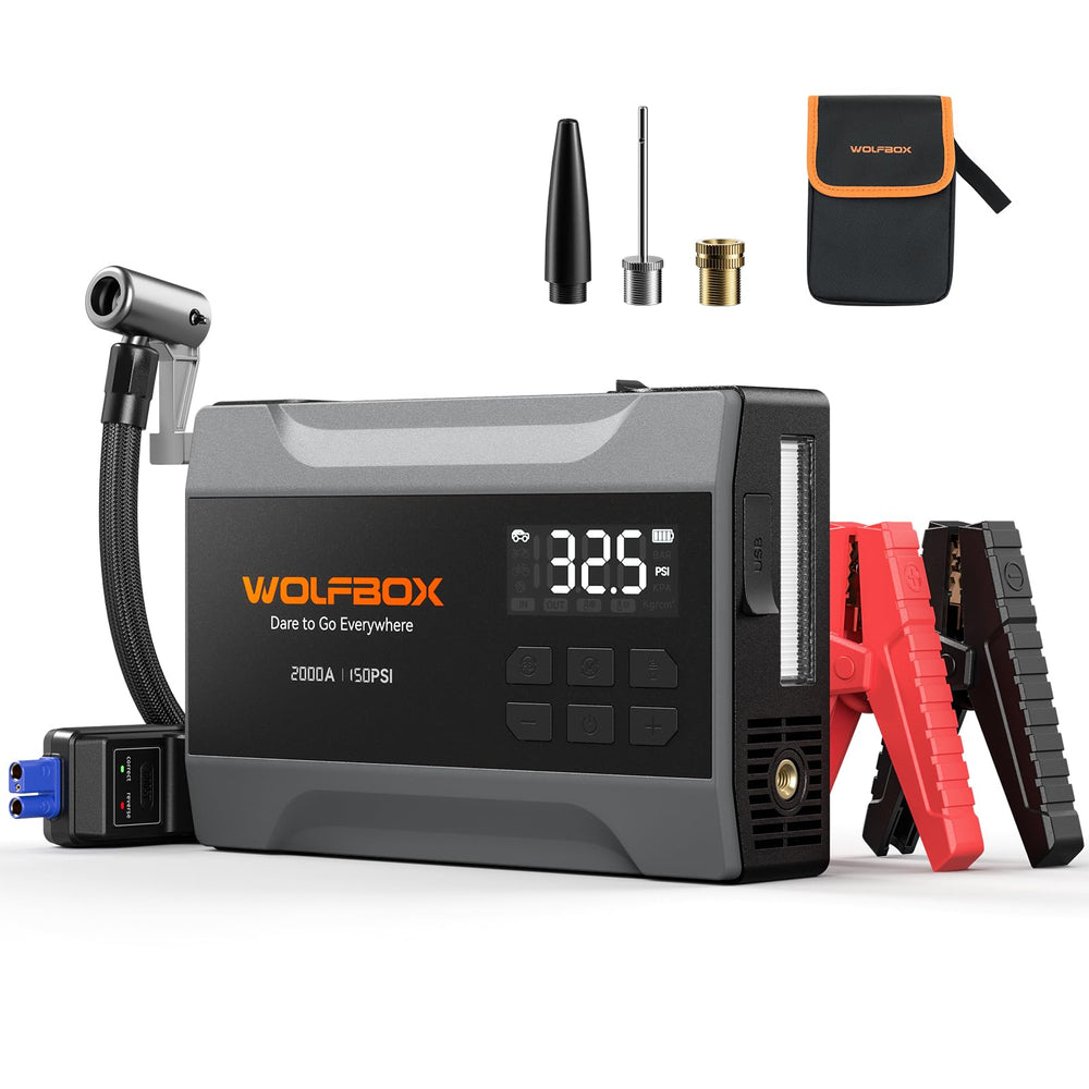 WOLFBOX 2000A jump starter front view highlighting compact portable design for emergencies