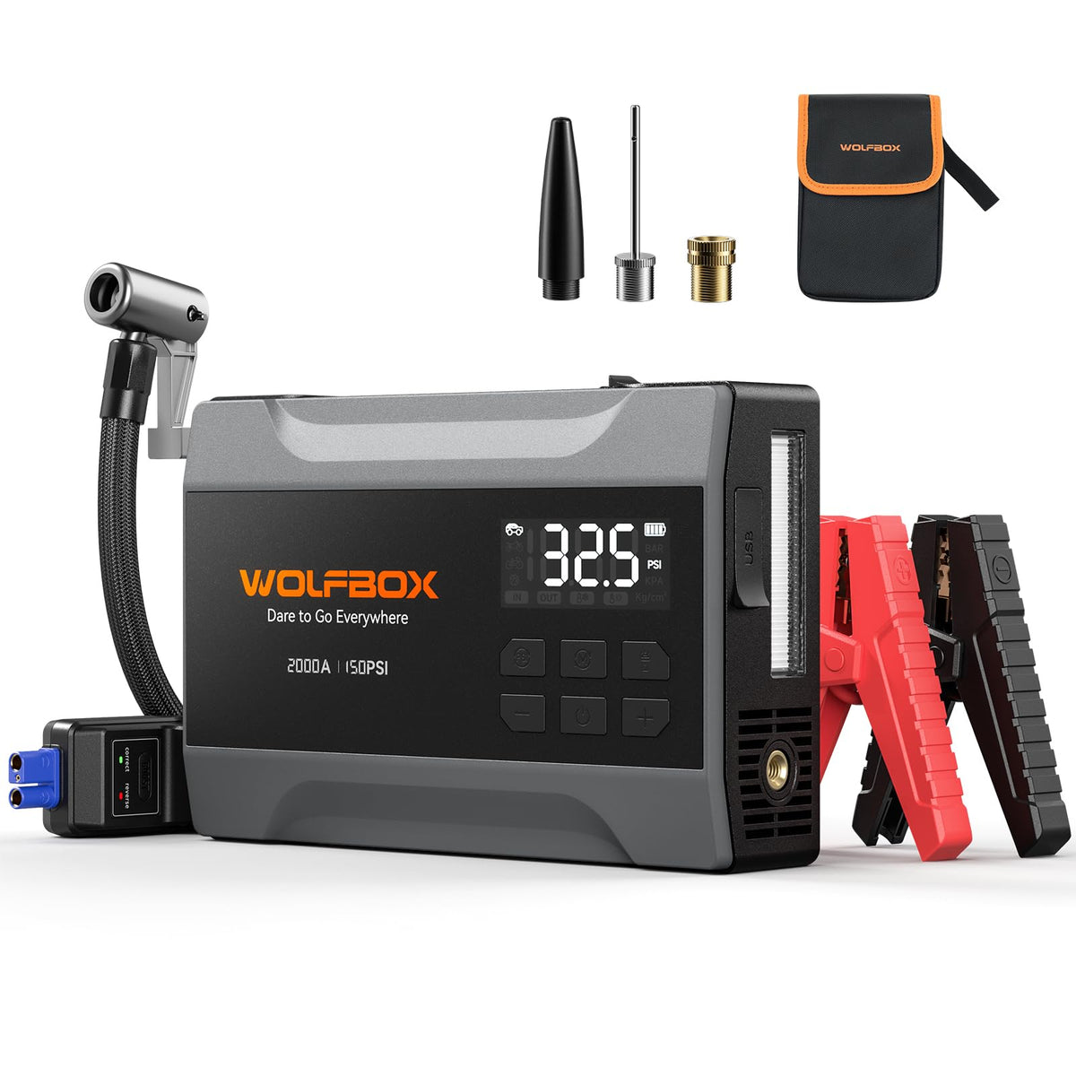 WOLFBOX 2000A jump starter front view highlighting compact portable design for emergencies