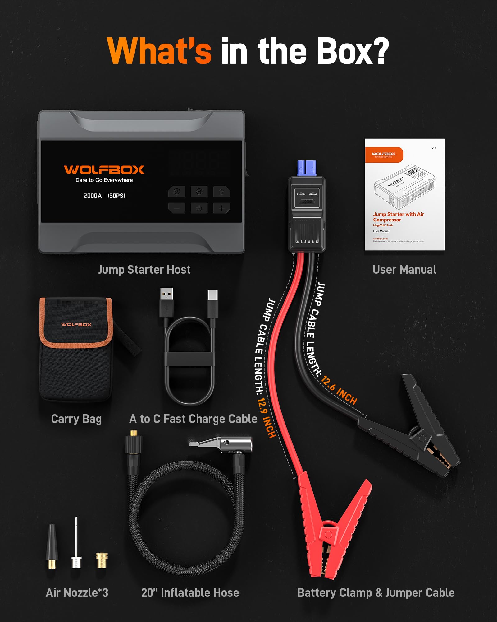 WOLFBOX 2000A packaged kit with accessories ready to use