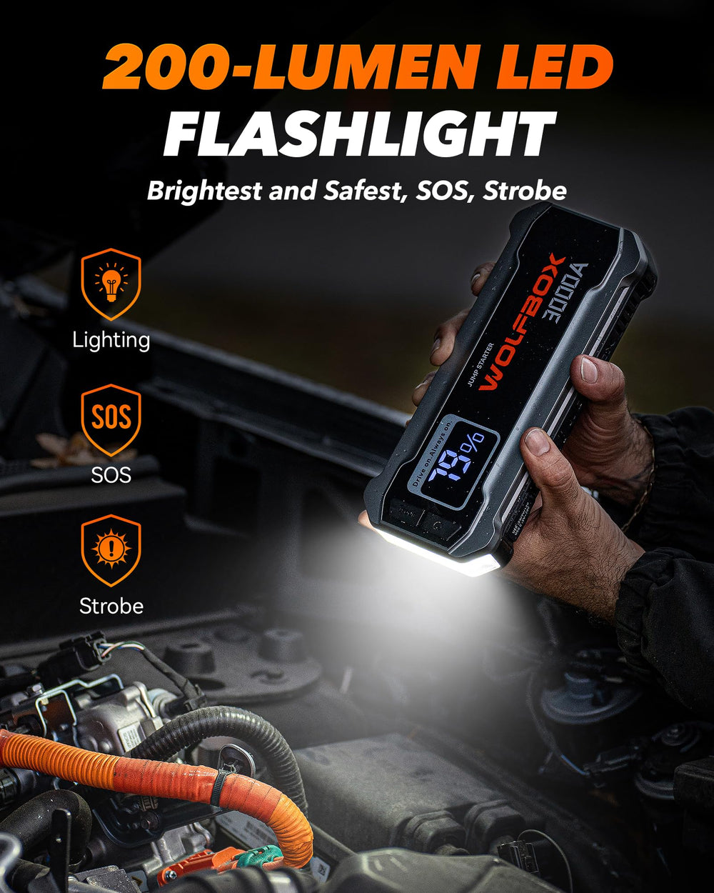 WOLFBOX 3000A booster function ready to start a vehicle.