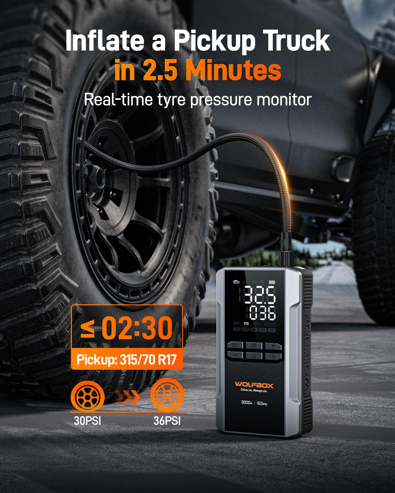 WOLFBOX 3000A booster function helps start engines in low voltage conditions.