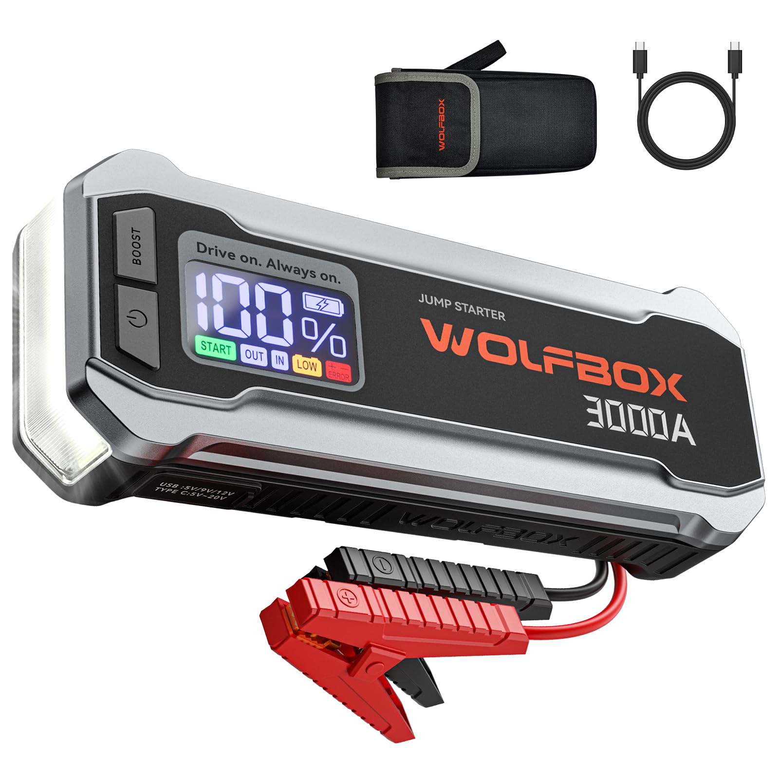 WOLFBOX 3000A front view with rugged body and controls.