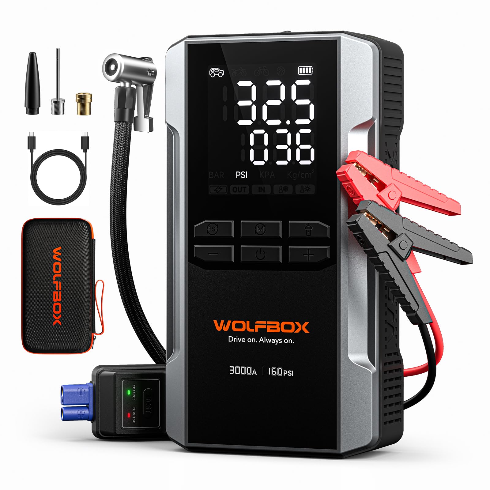 WOLFBOX 3000A jump starter powering a dead car battery for quick starts.
