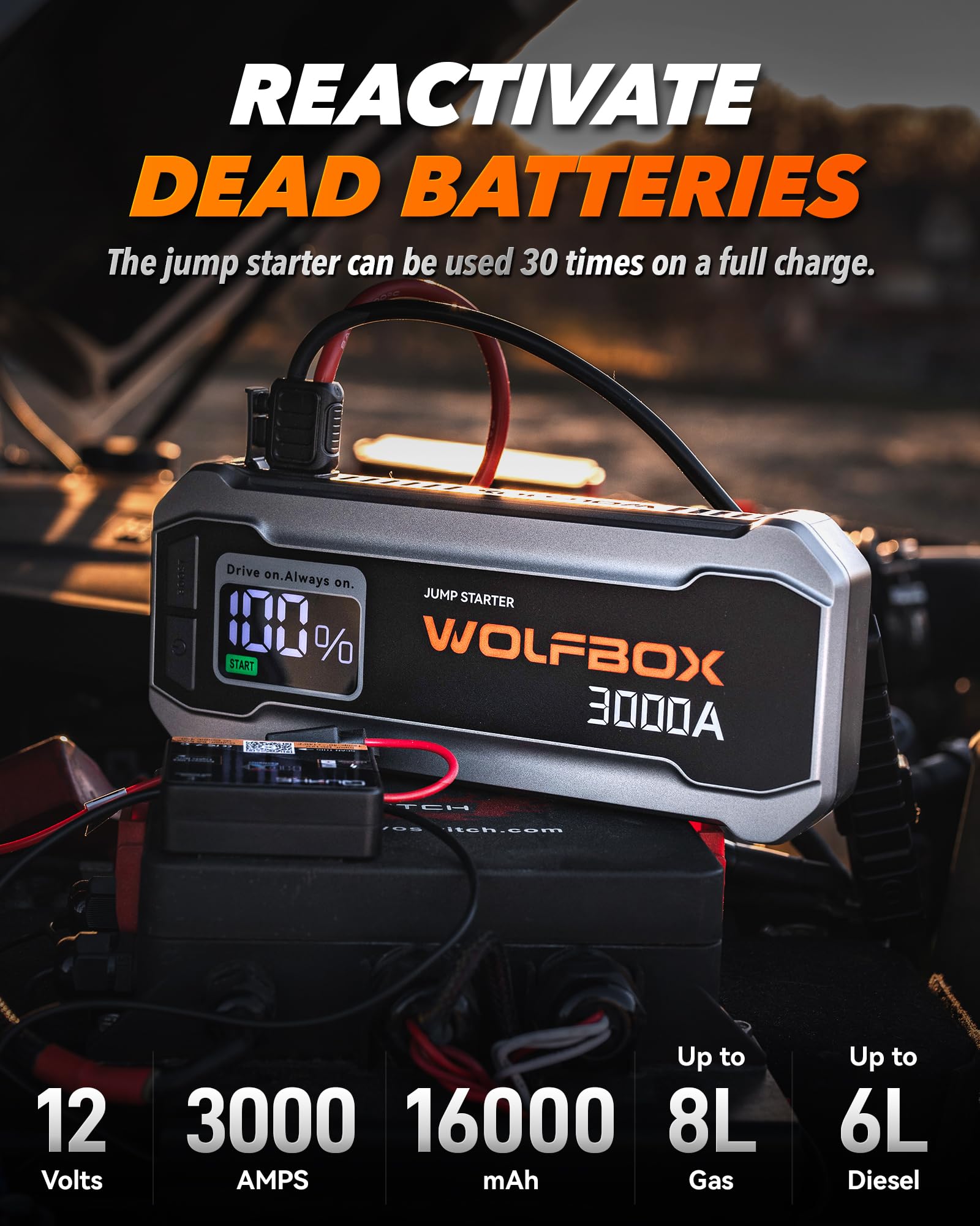 WOLFBOX 3000A LED display showing battery and status indicators.