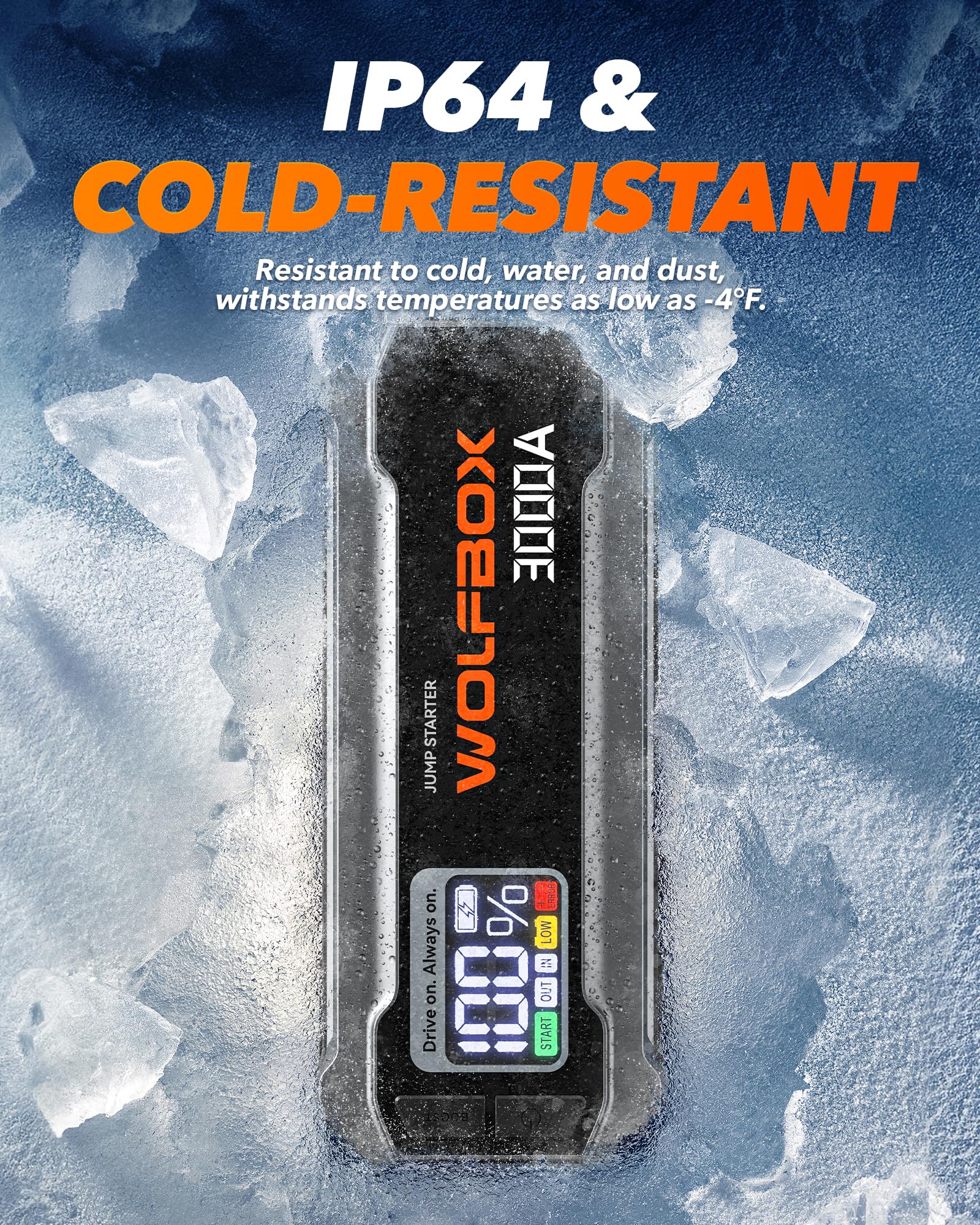 WOLFBOX 3000A safety protections including spark and temperature safeguards.