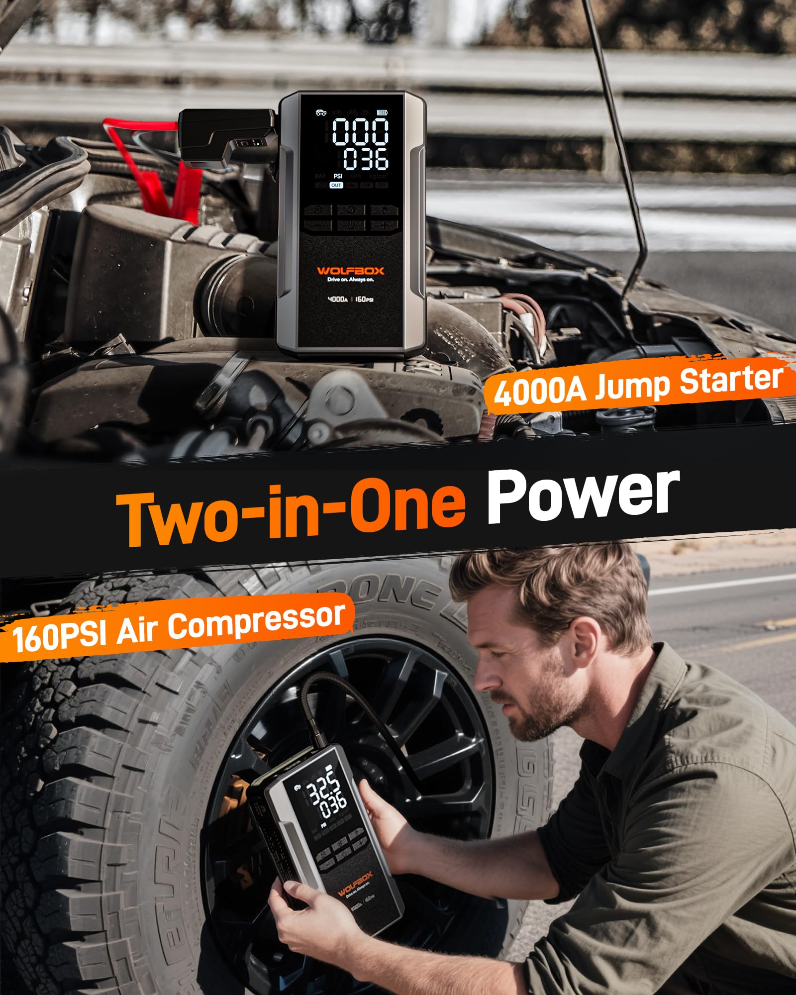 WOLFBOX 4000A air compressor inflating tires quickly and evenly