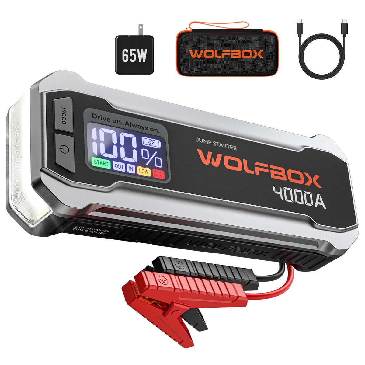 WOLFBOX 4000A front view shows compact, portable jump starter for on-the-go starts