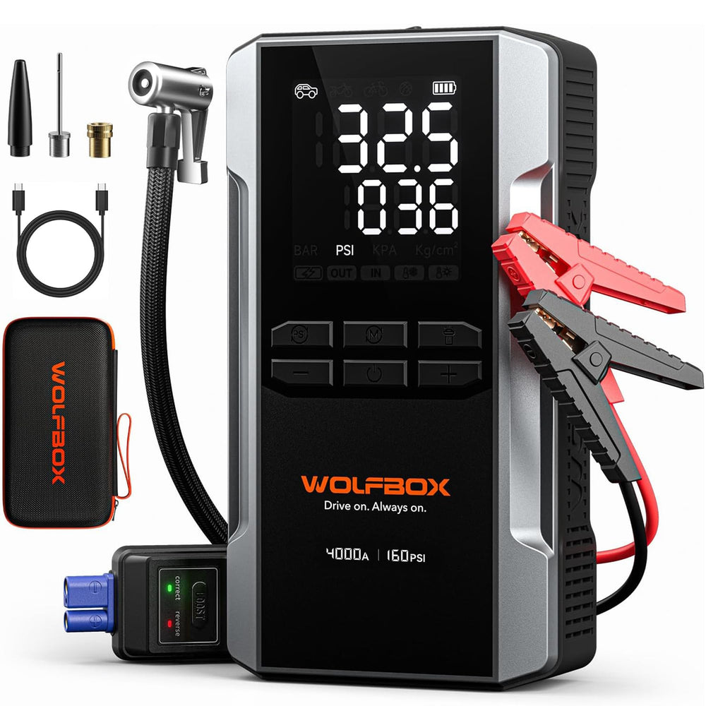 WOLFBOX 4000A jump starter powering a dead car battery for quick engine start