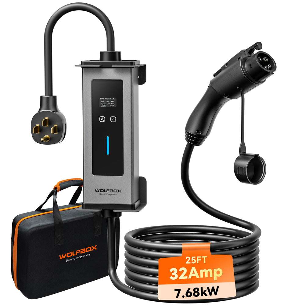 WOLFBOX EV charger with a 25-foot cable for flexible parking and charging.