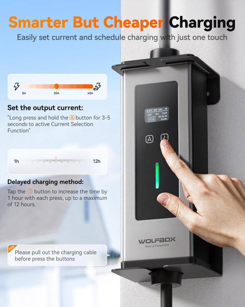 WOLFBOX EV charger LED status indicator keeps you informed during charging