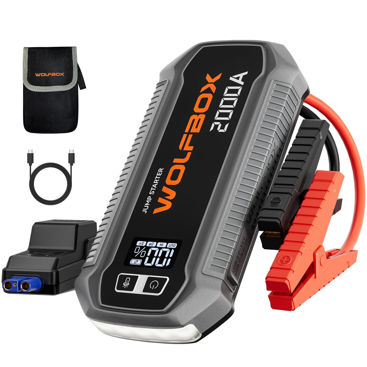 WOLFBOX front view showing compact starter and ports, fast-start benefit