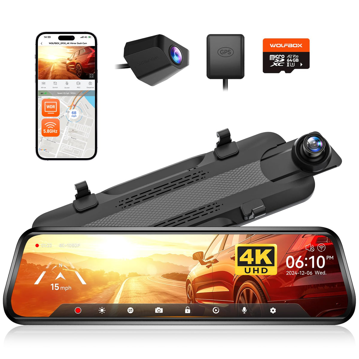 WOLFBOX G930 front display showing live 4K feed and clear road detail