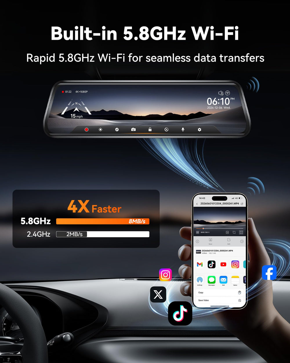 WOLFBOX G930 side profile showing slim mirror mount and easy installation