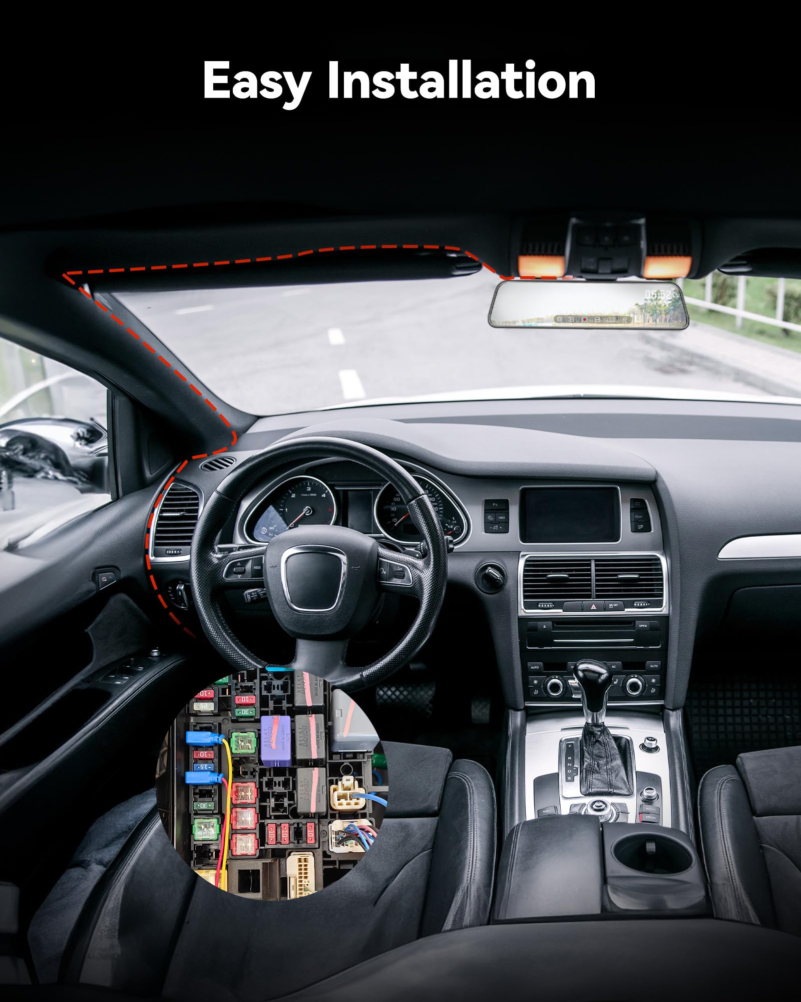 WOLFBOX installed on windshield lifestyle image showing discreet, factory look