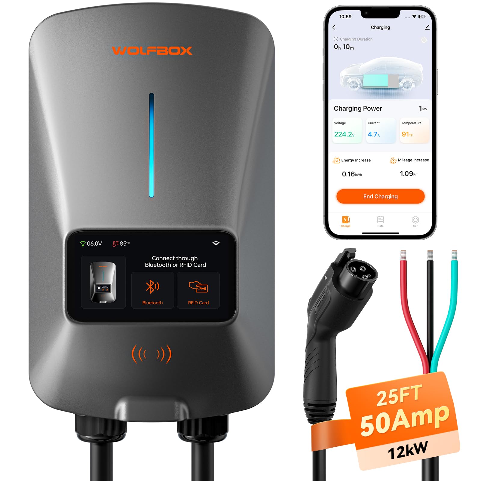 WOLFBOX Level 2 EV Charger front view highlighting 50A capability and LCD display