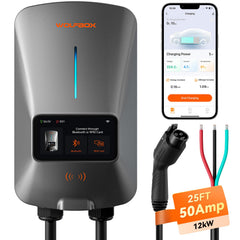 WOLFBOX Level 2 EV Charger front view highlighting 50A capability and LCD display