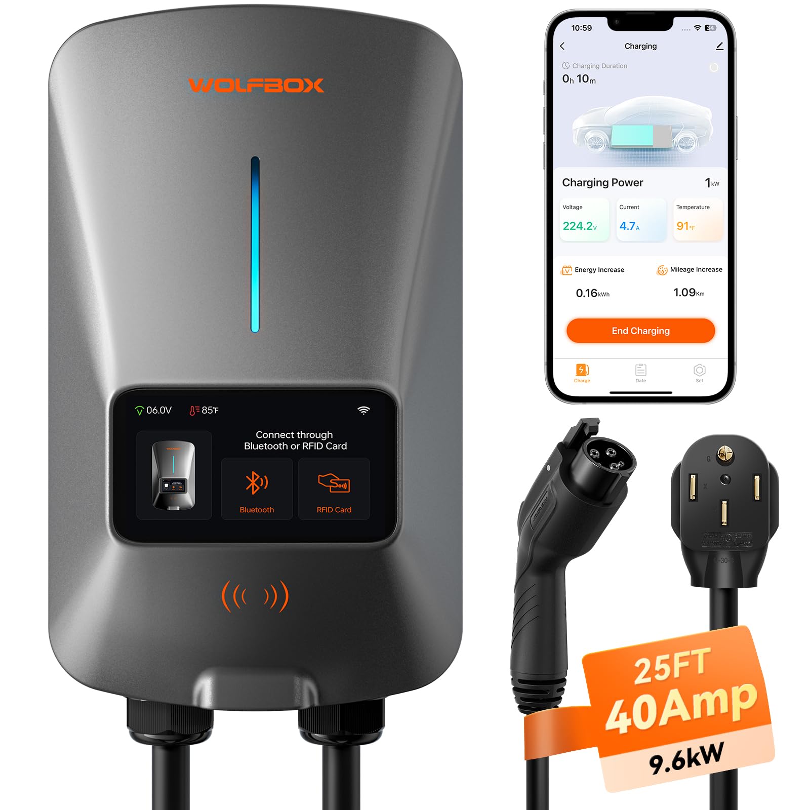 WOLFBOX Level 2 EV Charger front view, robust build for reliable home charging.