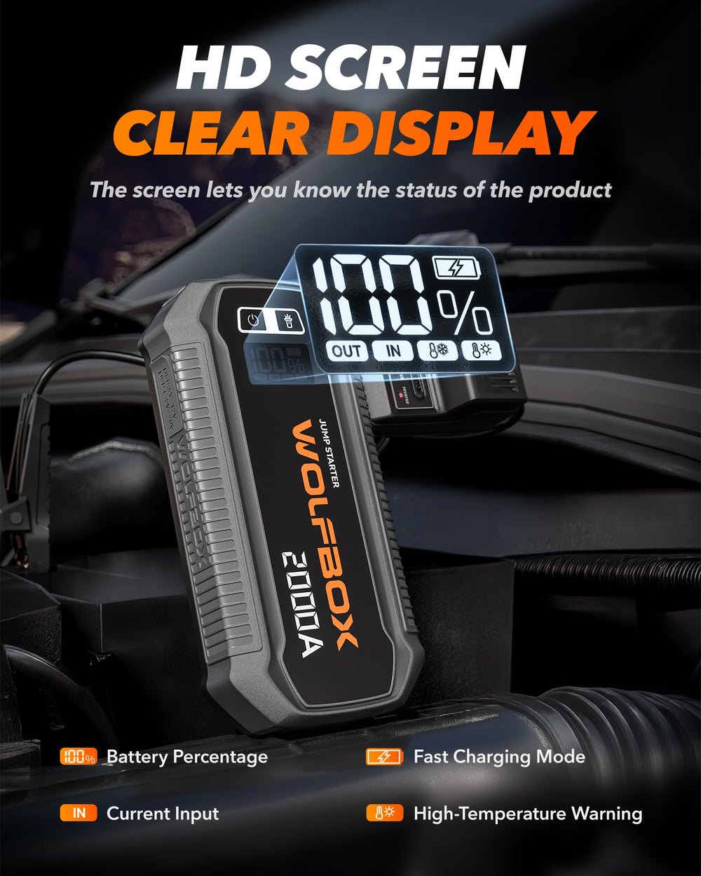 WOLFBOX connected to car battery during engine start, dependable starting benefit