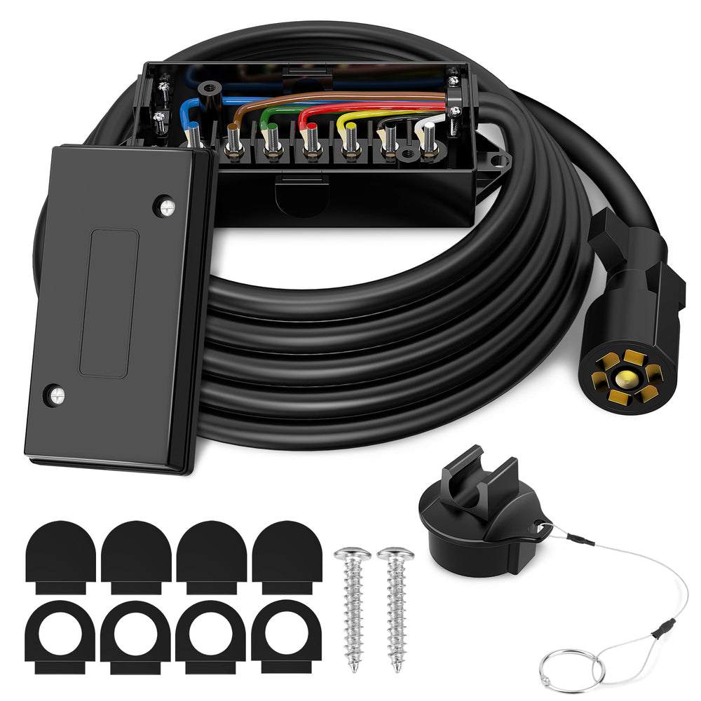 WOLFWILL 8ft 7-way trailer plug cord with waterproof junction box for rugged outdoor wiring.