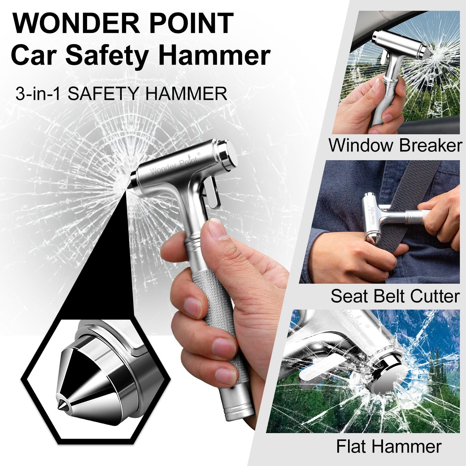 WONDER POINT ergonomic car hammer with nonslip handle for secure grip.