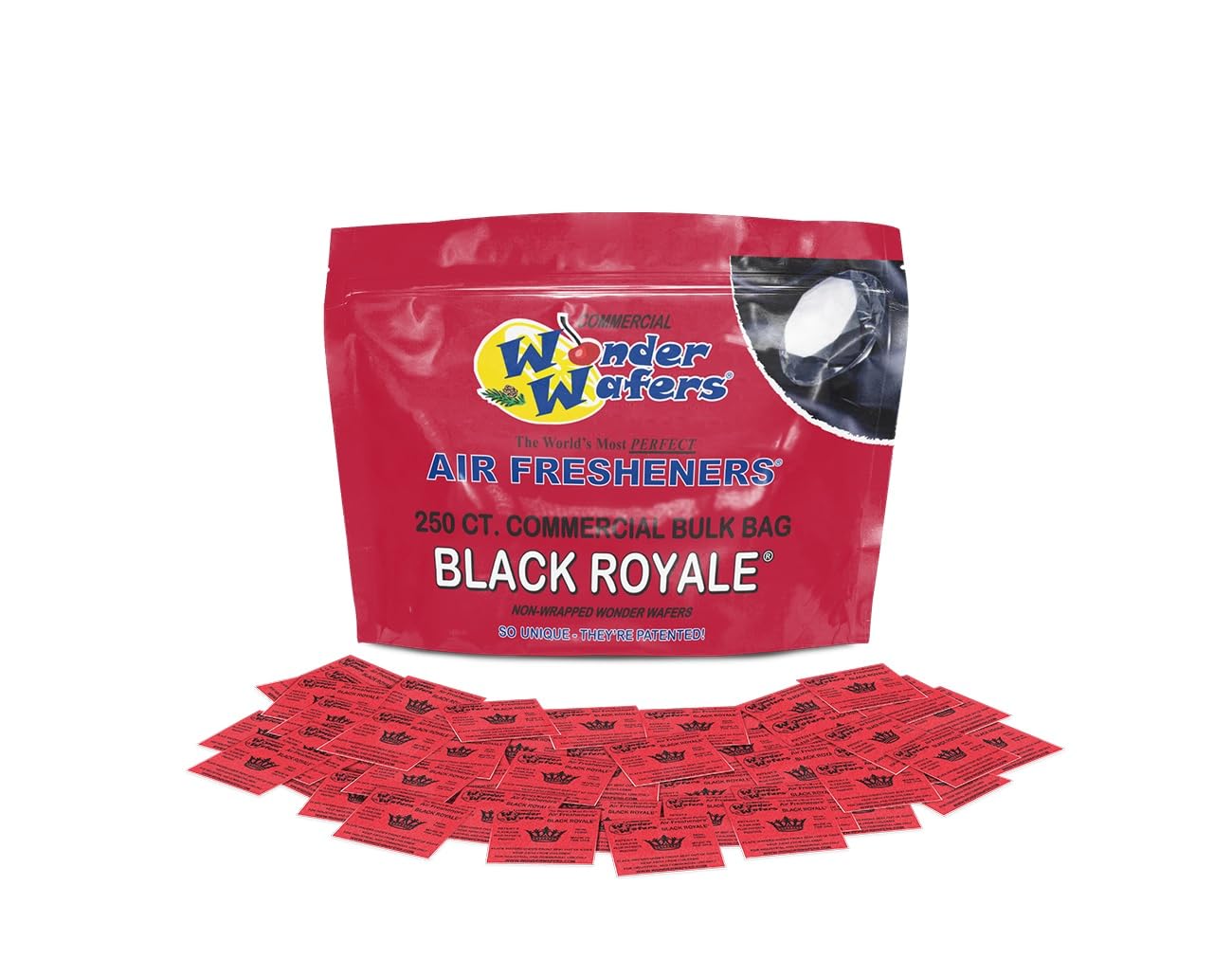 Wonder Wafers Black Royale car front view showing compact, mess-free fragrance for the vehicle.