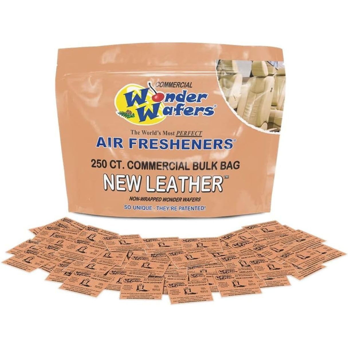 Wonder Wafers leather unwrapped container showcases compact, mess-free air fresheners.