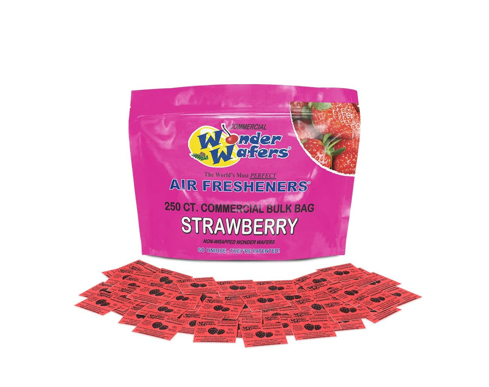 Wonder Wafers strawberry under-seat design releasing long-lasting car fragrance.